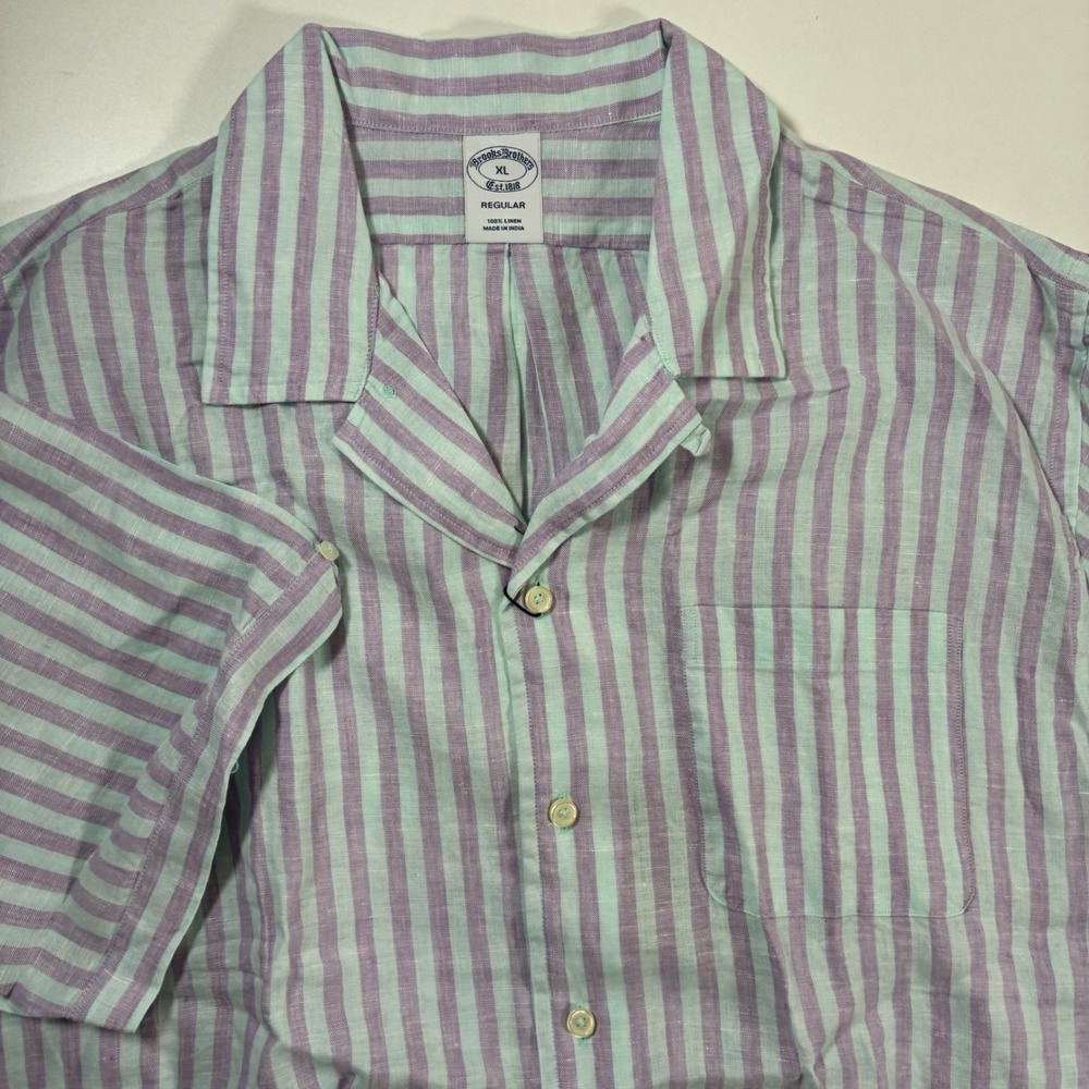 NEW Brooks Brothers 100% Linen Camp Shirt XL Lilac Purple Mint Striped